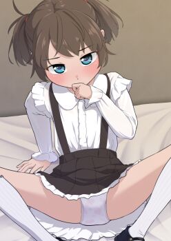 1girl arm_at_side arm_support black_skirt blue_eyes brown_hair choker clothes_lift collared_shirt diaper feet_out_of_frame frilled_shirt frills hand_up heart heart_print hoono_yurumu indoors kneehighs loli long_sleeves looking_at_viewer miniskirt on_bed original pleated_skirt print_diaper shirt shirt_tucked_in short_hair sitting skirt skirt_lift socks solo spread_legs suspender_skirt suspenders two_side_up white_shirt white_socks