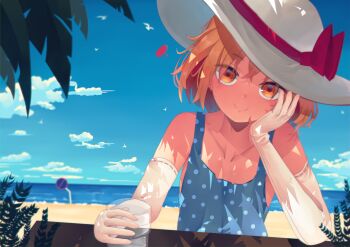 Rule 34 | 1girl, absurdres, arm support, beach, blue dress, blue sky, brown eyes, brown hair, dress, elbow gloves, gloves, hat, highres, kana anaberal, ocean, penglai tea, short hair, sitting, sky, solo, touhou, touhou (pc-98), white gloves, white hat