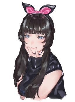 1girl animification black_hair blue_eyes blunt_bangs bow commentary_request detached_sleeves hair_bow highres kan_kanna long_hair pink_bow real_life saidamoosu simple_background sleeveless sleeves_past_wrists solo voice_actor white_background