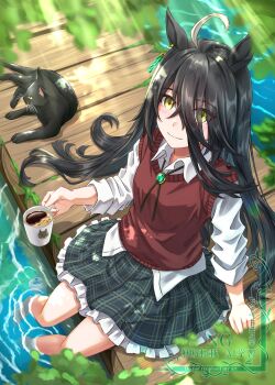1girl absurdres ahoge animal_ears black_hair blush bolo_tie cat closed_mouth coffee collared_shirt commentary_request cup ear_tag earrings gem gentiano815 green_gem green_skirt hair_between_eyes highres holding holding_cup horse_ears horse_girl horse_tail jewelry long_bangs long_hair long_hair_between_eyes long_sleeves manhattan_cafe_(umamusume) multicolored_hair outdoors red_sweater_vest shirt single_earring sitting skirt smile solo sweater_vest tail umamusume very_long_hair water white_hair white_shirt yellow_eyes