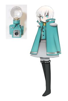 1girl aqua_eyes aqua_jacket aqua_shirt black_boots boots buttons camera closed_mouth full_body gallaxi grey_skirt grey_socks jacket looking_at_viewer original reference_inset reference_photo shirt short_hair simple_background skirt smile socks solo white_background white_hair