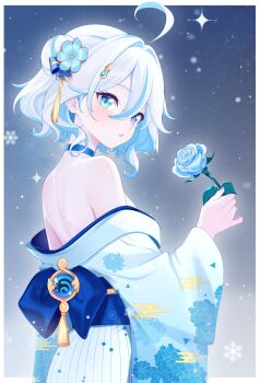 1girl absurdres ahoge alternate_costume bare_shoulders blue_choker blue_eyes blue_flower blue_hair blue_kimono blue_nails blue_pupils choker colored_inner_hair commentary drop-shaped_pupils felixkohai fingernails floral_print floral_print_kimono flower from_side furina_(genshin_impact) genshin_impact hair_between_eyes hair_bun hair_ornament heterochromia highres holding holding_flower hydro_symbol_(genshin_impact) japanese_clothes kimono looking_at_viewer looking_to_the_side medium_hair multicolored_hair nail_polish off_shoulder parted_lips print_kimono solo symbol-shaped_pupils tassel tassel_hair_ornament vision_(genshin_impact) white_hair