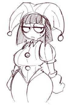 1girl androshift breasts doodle gloves hat jester jester_cap jester_costume jester_girl large_breasts monochrome pomni_(the_amazing_digital_circus) short_hair simple_background sketch solo sweat the_amazing_digital_circus thick_thighs thighs white_background