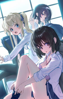 3girls absurdres all_fours ass backlighting black_pantyhose black_skirt black_socks black_thighhighs blue_bra blue_eyes blue_ribbon blunt_bangs blush bra breasts bright_pupils brown_eyes chinese_commentary cleavage collared_shirt commentary couch dongyang_kissoml dress_shirt dressing dutch_angle eyes_visible_through_hair feet_out_of_frame hair_between_eyes hair_ribbon hairband highres indoors kasumigaoka_utaha katou_megumi knee_up large_breasts long_hair looking_at_viewer medium_hair miniskirt multiple_girls on_couch open_clothes open_mouth open_shirt pantyhose parted_lips pink_bra pleated_skirt red_eyes ribbon saenai_heroine_no_sodatekata sawamura_spencer_eriri school_uniform shirt sidelocks skirt sleeves_past_wrists sleeves_rolled_up slit_pupils small_breasts smile sock_pull socks straight_hair tareme thighband_pantyhose thighhighs thighs twintails underwear very_long_hair wavy_mouth white_hairband white_pupils white_shirt window zettai_ryouiki