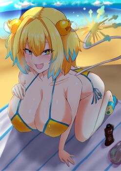 1girl beach bikini blonde_hair blue_eyes blue_hair blush bombergirl clover-shaped_pupils commentary_request double_bun fang hair_bun highres looking_at_viewer medium_hair multicolored_hair open_mouth outdoors pine_(bombergirl) sand side-tie_bikini_bottom smile solo swimsuit symbol-shaped_pupils tail two-tone_hair varios water yellow_bikini