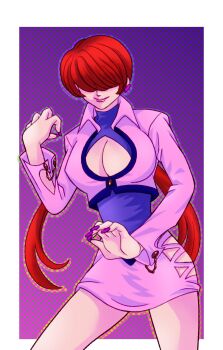 1girl breasts cleavage_cutout clothing_cutout dress earrings female_focus hands_up heart huge_breasts jacket jewelry kona_hunmatu large_breasts long_hair pale_skin ponytail red_hair shermie_(kof) skirt smile standing the_king_of_fighters twintails