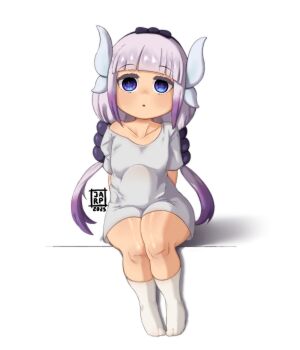 1girl absurdres arms_behind_back artist_logo black_bow black_hairband blue_eyes blush bow collarbone dragon_girl dragon_horns dress dress_shirt empty_eyes expressionless eyebrows eyebrows_hidden_by_hair female_focus full_body gradient_hair hair_bow hairband highres horns jarp-art kanna_kamui kobayashi-san_chi_no_maidragon legs_together light_purple_hair logo loli long_hair looking_at_viewer low_twintails multicolored_hair parted_lips shirt short_sleeves simple_background sitting sitting_on_dildo sitting_on_object slit_pupils socks solo stomach straight-on surprised thighs twintails white_background white_dress white_socks