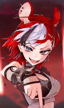 1girl animal_ear_fluff animal_ear_piercing animal_ears artist_name black_hair blue_eyes breasts cleavage cleavage_cutout clothing_cutout earrings fade_(haircut) fishnet_sleeves fishnets hakos_baelz hakos_baelz_(recolor) highres hololive hololive_english hoop_earrings jacket jewelry large_breasts medium_breasts midriff mouse_ears open_mouth pointing pointing_down red_hair sauce_darusungi sharp_teeth smile standing teeth twitter_username virtual_youtuber watermark white_hair white_jacket