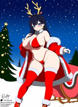 animal_ears animal_horns bikini blue_eyes blue_sky boots bra breasts brunette_hair_female christmas christmas_costume christmas_cover christmas_socks colar earrings gold gold_earrings jewelry original pine_tree pussy red_bikini red_socks ruby_sosa rubylola sky sled snow snow_flakes socks star_(ornament) star_(sky) star_(symbol) starry_sky swimsuit tree underwear winter