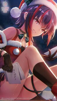 Rule 34 | 1girl, bare shoulders, black gloves, black hair, black ribbon, black socks, blurry, blurry background, bow, bowtie, brown skirt, christmas, copyright name, copyright notice, dual wielding, ear piercing, feet out of frame, from side, fur-trimmed headwear, fur-trimmed shirt, fur trim, glint, gloves, green bow, green bowtie, hair between eyes, hat, heaven burns red, highres, holding, holding paper, kneehighs, knees up, leg ribbon, looking at object, looking down, medium hair, mikoto fubuki, mikoto fubuki (frozen moon melting heart), miniskirt, multicolored hair, night, official alternate costume, official art, official wallpaper, outdoors, paper, parted lips, piercing, plaid bow, plaid bowtie, plaid clothes, pom pom (clothes), red eyes, red hair, red hat, red shirt, ribbon, santa costume, santa hat, shirt, sidelighting, sidelocks, sitting, skirt, sky, smile, socks, solo, streaked hair, thighs, two-tone hair, wolf cut