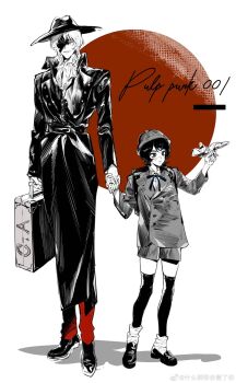 2boys age_difference aged_down ascot backpack bad_source bag briefcase buttons char_aznable closed_mouth coat double-breasted fedora full_body greyscale_with_colored_background gundam hat height_difference highres holding holding_briefcase holding_hands holding_suitcase kamille_bidan limited_palette long_sleeves looking_at_viewer monochrome multiple_boys neck_ribbon pants pulppunk001 randoseru ribbon school_briefcase shirt shoes short_hair shorts simple_background socks spot_color standing suitcase thighhighs trench_coat watermark weibo_username weibo_watermark white_background zeta_gundam