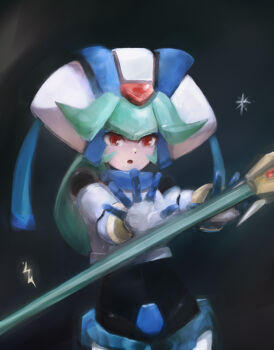 1girl armor black_background byte_(grunty-hag1) commentary_request cowboy_shot crotch_plate forehead_jewel green_hair helmet mega_man_(series) mega_man_zx model_w_(mega_man) pandora_(mega_man) red_eyes simple_background solo staff white_armor white_helmet