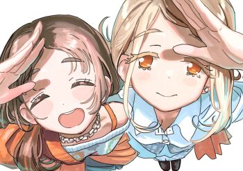 2girls blonde_hair blush brown_hair closed_eyes closed_mouth commentary_request earrings foreshortening from_above gakuen_idolmaster highres hirameki_(hirahirameki) idolmaster jewelry kuramoto_china looking_at_viewer multiple_girls open_mouth orange_eyes shinosawa_hiro simple_background smile stud_earrings teeth upper_teeth_only white_background