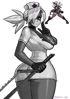 1girl alternate_color ass bonesaw breasts dark-skinned_female dark_skin eyeshadow from_behind gloves greyscale hair_over_one_eye hat holding holding_weapon large_breasts latex latex_gloves looking_at_viewer looking_back makeup monochrome mooo_sann mouth_mask nurse_cap reference_inset saw skullgirls solo spot_color standing surgical_mask thick_thighs thighs twisted_torso valentine_(skullgirls) weapon white_background yellow_eyes