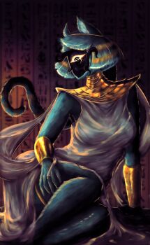 Rule 34 | 1girl, ancient egyptian, animal ears, aqua fur, cat ears, cat girl, cat tail, chimmerra, cthulhu mythos, dress, highres, medium hair, monster girl, nyanlathotep, one-eyed, sitting, solo, sucker for love, sucker for love: first date, tail, tentacles, white dress