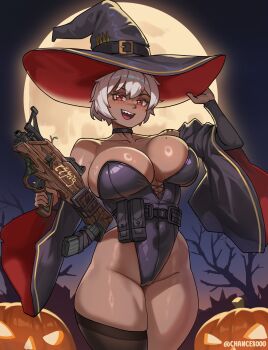 absurdres ammunition arm_tattoo artist_name assault_rifle asymmetrical_legwear blush book breasts bullet bullpup bursting_breasts chance8000 choker cleavage corset dark-skinned_female dark_skin dead_tree detached_sleeves full_moon gun halloween halloween_costume hat highres holding holding_gun holding_weapon jack-o&#039;-lantern large_breasts leotard looking_at_viewer mole mole_on_breast moon night original pumpkin red_eyes rifle rifle_cartridge rubber_band sharp_teeth short_hair shoulder_tattoo smile tattoo teeth tkb-022 tkb-022pm tkb-022pm5_no._1 tongue tree weapon white_hair witch witch_hat