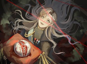 1girl absurdres blush brown_coat brown_shirt chinese_commentary coat commentary_request cross genderswap genderswap_(mtf) grey_eyes grey_hair hearts_of_iron highres holding holding_pillow long_hair long_sleeves looking_up medal open_mouth pillow ribbon sergey_taboritsky shirt smile solo the_new_order:_last_days_of_europe translation_request user_mjrr2442