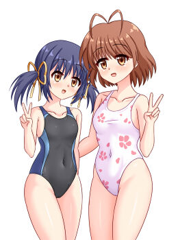 Rule 34 | 2girls, antenna hair, black one-piece swimsuit, blue hair, blush, brown eyes, brown hair, cameltoe, clannad, collarbone, commission, competition swimsuit, covered navel, floral print, furukawa nagisa, highleg, highleg one-piece swimsuit, highres, multicolored swimsuit, multiple girls, one-piece swimsuit, pixiv commission, ribbon, short hair, simple background, smile, sunohara mei, swimsuit, tamba i, thighs, twintails, v, white background, white one-piece swimsuit, yellow ribbon
