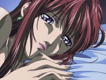 00s 1girl 2002 animated animated_gif bed bed_sheet bible_black bible_black_night_of_the_walpulgiss blush earrings jewelry lipstick long_hair makeup mature_female open_mouth purple_eyes red_hair solo tagme takashiro_hiroko teacher