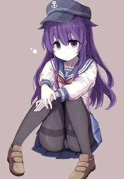 Rule 34 | 1girl, :o, akatsuki (kancolle), anchor symbol, black pantyhose, blue sailor collar, blue skirt, blush, brown shoes, flat cap, hair between eyes, hat, kantai collection, long hair, long sleeves, looking at viewer, messy hair, neckerchief, panties, panties under pantyhose, pantyhose, pantyshot, pleated skirt, purple eyes, purple hair, red neckerchief, sailor collar, school uniform, serafuku, shirt, shoes, sitting, skirt, solo, thighband pantyhose, unagiman, underwear