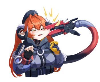 1girl absurdres biting biting_another&#039;s_head breasts cheek_squash dragon_girl dragon_horns face_squeeze fingerless_gloves gloves grabbing_another&#039;s_face green_eyes hair_between_eyes hat head_grab highres hood horns jacket long_hair magus_(zenless_zone_zero) mechanical_horns mechanical_tail orange_hair orange_pupils orphie_magnusson pointy_ears squeezing_cheeks stag1215 tail twintails zenless_zone_zero