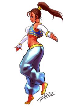 Rule 34 | 1girl, arabian clothes, ass, bad id, bad tumblr id, ballet slippers, blue eyes, bracelet, breasts, brown hair, butt crack, capcom, dancing, dark-skinned female, dark skin, detached sleeves, female focus, full body, harem pants, highres, jewelry, lips, long hair, midriff, pants, ponytail, pullum purna, robaato, see-through clothes, slippers, smile, solo, street fighter, street fighter ex (series), vest