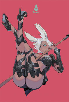 1girl animal_ears ass blue_eyes breasts byuub cleavage dark-skinned_female dark_skin final_fantasy final_fantasy_xiv high_heels highres holding holding_polearm holding_weapon large_breasts leg_up looking_at_viewer lying on_back polearm rabbit_ears rabbit_girl red_background short_hair signature spear tewa_(byuub) viera warrior_of_light_(ff14) weapon white_hair