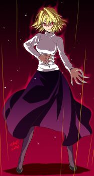 1girl angry arcueid_brunestud aura blonde_hair breasts commentary_request fighting_stance fingernails floating_clothes floating_hair hair_intakes long_skirt marble_phantasm pantyhose partially_shaded_face purple_skirt red_aura red_eyes sasaki_shounen sharp_fingernails short_hair sidelocks skirt sweater tsukihime turtleneck turtleneck_sweater vampire white_sweater