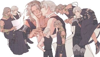 Rule 34 | black tank top, carrying, carrying person, choker, couple, dress, elezen, elf, final fantasy, final fantasy xiv, grey hair, height difference, highres, holding, hyur, intestinesheep, jacket, jewelry, kiss, kissing cheek, pants, pointy ears, short hair, smile, standing, tank top, thancred waters, urianger augurelt, white hair, yaoi