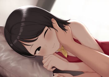 1girl atg_(wttoo0202) black_hair boruto:_naruto_next_generations commentary_request hand_on_another&#039;s_cheek hand_on_another&#039;s_face lying naruto_(series) on_side one_eye_closed paid_reward_available pov smile uchiha_sarada