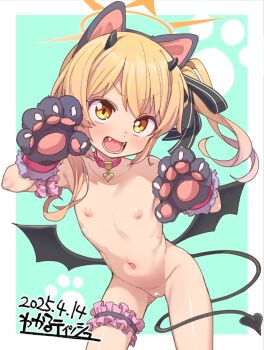 1girl :d animal_ears aqua_background artist_name bar_censor black_ribbon blonde_hair blue_archive border cat_ears censored collar contrapposto cowboy_shot dated demon_girl demon_horns demon_tail demon_wings dot_nose fangs flat_chest frilled_thigh_strap frills gloves hair_ribbon hands_up heart highres horns ibuki_(blue_archive) kanabun leaning_forward legs_apart loli long_hair looking_at_viewer lower_teeth_only navel nipples nude one_side_up open_mouth outside_border parent:11771199 paw_gloves pussy red_collar ribbon smile solo standing tail teeth thigh_strap v-shaped_eyebrows webp-to-png_conversion white_border wings yellow_eyes