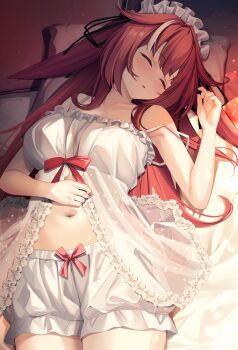 1girl babydoll bed_sheet black_ribbon bloomers blush bow collarbone flipped_hair hair_ribbon hand_on_own_stomach highres lingerie lying maid_headdress mole mole_under_eye multicolored_hair mutsumi_nemuru navel on_back on_bed original pillow print_babydoll red_bow red_hair ribbon see-through_clothes solo star_(symbol) star_print strap_slip streaked_hair two-tone_hair underwear underwear_only white_babydoll white_hair