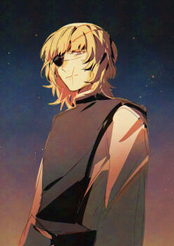 Rule 34 | 1boy, badeni, black tabard, blonde hair, chi.: chikyuu no undou ni tsuite, closed mouth, eyepatch, kadeart, light smile, male focus, scar, scar on face, scar on lip, scar on mouth, scar on nose, short hair, simple background, solo, star (sky), tabard, tonsure, upper body