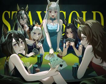 6+girls ahoge alternate_costume animal_ears bare_shoulders black_choker black_dress black_hair black_shirt blue_dress blue_eyes blunt_bangs blush bow bracelet breasts bridal_gauntlets brown_eyes brown_hair candy card choker cleavage closed_mouth commentary cup dream_journey_(umamusume) dress drinking_glass ear_bow ear_covers ear_ornament ear_ribbon english_commentary fenomeno_(umamusume) flipped_hair food glass glasses gold_ship_(umamusume) grey_hair grey_jacket hair_between_eyes hair_down hair_intakes highres himo_(user_rzgz5877) horse_ears horse_girl jacket jewelry large_breasts lollipop lollipop_in_mouth long_hair looking_at_viewer multicolored_hair multiple_girls nakayama_festa_(umamusume) open_mouth orange_hair orfevre_(umamusume) playing_card poker poker_chip poker_table ponytail purple_dress purple_eyes purple_hair red_dress royal_flush shirt short_sleeves single-shoulder_dress single_ear_cover sleeveless sleeveless_dress smile stay_gold_(umamusume) stay_gold_clan_(umamusume) straight_flush_(poker) streaked_hair table teeth umamusume white_hair wine_glass