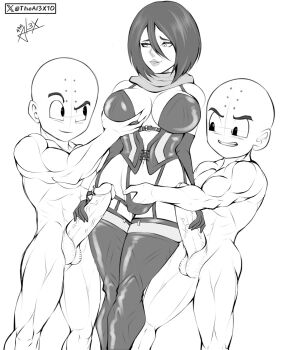1girl 2boys bald bald_male black_eyes black_hair blush breasts clone crossover dragon_ball dual_persona excited excited_for_sex fingering penis_grab groping_breast happy highres kuririn large_breasts large_penis mikasa_ackerman multiple_boys muscular muscular_male nipples penis shingeki_no_kyojin smile smug theal3x10 thick_thighs thighs uncensored veins veiny_penis