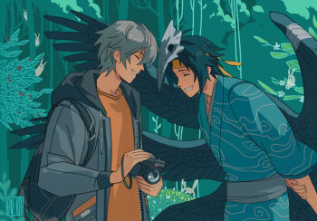 2boys alternate_costume artist_name asaba_harumasa bag black_hair black_wings blue_kimono camera closed_eyes commentary english_commentary feathered_wings forest grey_hair grey_jacket grin hair_between_eyes hand_on_own_arm headband holding holding_camera hood hooded_jacket implied_yaoi jacket japanese_clothes kaa05n2 kimono male_focus mask mask_on_head multiple_boys multiple_wings nature orange_shirt outdoors parted_bangs shirt short_hair skull_mask smile unzipped upper_body wings wise_(zenless_zone_zero) yellow_headband zenless_zone_zero zipper
