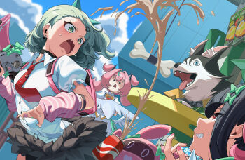 Rule 34 | . ., 3girls, absurdres, angels of delusion, aria (zenless zone zero), arm warmers, bangboo (zenless zone zero), black choker, black hair, black skirt, blue eyes, blue sky, bone, bow, building, can, choker, cloud, collared shirt, commentary request, dog, drink can, earrings, fang, green bow, green eyes, green hair, green nails, highres, holding, holding megaphone, howl (zenless zone zero), jewelry, megaphone, multiple girls, musical note earrings, nangong yu, open mouth, outdoors, pink bag, pink hair, red eyes, shirt, skirt, sky, striped arm warmers, sunna (zenless zone zero), suzuushi, sweatdrop, white shirt, zenless zone zero