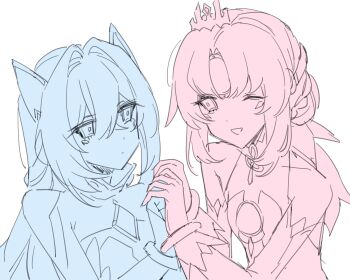 Rule 34 | 2girls, bare shoulders, bracelet, code: esencia (elsword), code: sariel (elsword), detached sleeves, dress, eirlys els, elsword, eve (elsword), expressionless, gloves, hair intakes, hair ornament, head ornament, highres, holding hands, jewelry, long hair, looking at another, monochrome, multiple girls, one eye closed, parted bangs, partially colored, selfcest, smile, spot color, tiara, yuri