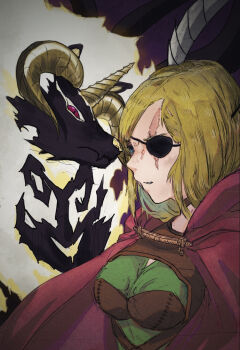 1girl alicia_glenfall blonde_hair blue_eyes breasts cape clevatess:_majuu_no_ou_to_akago_to_shikabane_no_yuusha closed_mouth dress green_dress horns large_breasts patch red_cape scar scar_across_eye scar_on_face serious shirt user_vyfd7223 wolf