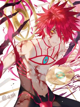 1boy bleeding blood blood_on_clothes blood_on_face chest_tattoo cuts eyeshadow eyeshadow_under_eye fate/grand_order fate_(series) hair_between_eyes heterochromia highres injury karna_(fate) looking_at_viewer makeup male_focus navel open_mouth pale_skin red_eyes red_eyeshadow red_hair solo sqloveraven super_karna_(fate) tattoo topless_male yellow_eyes