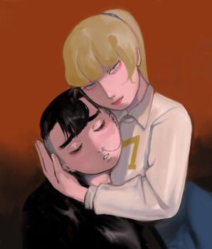 2girls animification black_hair blonde_hair blunt_bangs closed_eyes collared_shirt earrings eyelashes face_piercing goth_fashion highres jewelry kim_latchkey lips long_sleeves looking_at_viewer moral_orel multiple_earrings multiple_girls multiple_piercings nid_log nose_piercing nose_ring painterly parted_lips piercing ponytail red_lips septum_piercing shirt skirt smile stephanie_foamwire-putty sweater t-shirt tsurime undercut yuri