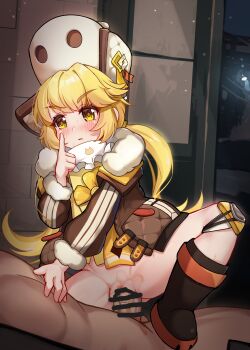 1boy 1girl absurdres bar_censor black_footwear blonde_hair blush boots bottomless brown_coat censored coat commentary_request fur-trimmed_coat fur_trim hetero highres honkai:_star_rail honkai_(series) hook_(honkai:_star_rail) knee_pads loli long_hair luxuriou_s paid_reward_available parted_lips pussy_juice sex solo_focus stealth_sex twintails vaginal winter_clothes winter_coat yellow_eyes