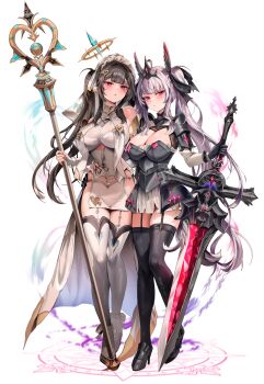 2girls absurdres armor armored_dress bare_shoulders black_gloves black_shrug black_thighhighs blush breasts brown_hair closed_mouth clothing_cutout crystal cutout_above_navel dress frills full_body garter_straps gloves hair_ornament hairclip halo hand_on_another&#039;s_hip headdress heart heart_hair_ornament highres holding holding_staff holding_sword holding_weapon huge_weapon large_breasts long_hair long_sleeves looking_at_viewer mole mole_under_eye multiple_girls original parted_lips pink_eyes purple_hair sabaton see-through_clothes short_dress shoulder_armor shrug_(clothing) sidelocks simple_background staff standing sword thighhighs torn_clothes train_(clothing) twintails very_long_hair weapon white_background white_thighhighs yellow_halo zerocat zeru_(zerocat)