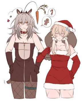 2girls alternate_costume animal_ear_hairband animal_ears bag bare_shoulders bell blonde_hair blush breasts bright_pupils brown_bag brown_dress brown_gloves brown_pantyhose candy candy_cane carrot choker christmas closed_eyes closed_mouth collarbone company_connection cowboy_shot crossover deer_costume deer_ears deer_tail dress drooling elbow_gloves fake_animal_ears fake_horns fake_tail fishnet_pantyhose fishnets flower food fur-trimmed_dress fur-trimmed_gloves fur-trimmed_headwear fur_trim genshin_impact gift_bag gingerbread_man gloves grey_hair hair_between_eyes hair_flower hair_ornament hairband half-closed_eyes hand_on_own_hip hands_on_own_hips hat highres holding holding_bag honkai:_star_rail honkai_(series) horns jingle_bell long_hair looking_at_food lumine_(genshin_impact) majunjuu medium_breasts mihoyo multiple_girls neck_bell orange_eyes pantyhose pom_pom_(clothes) pom_pom_hair_ornament red_choker red_dress red_gloves red_hat santa_hat scar scar_on_face short_dress short_hair sidelocks simple_background sleeveless sleeveless_dress smile speech_bubble standing stelle_(honkai:_star_rail) strapless strapless_dress tail thigh_strap thought_bubble trailblazer_(honkai:_star_rail) v-shaped_eyebrows white_background white_flower white_pupils zipper