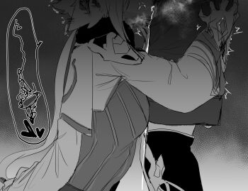 1boy 1girl albedo_(genshin_impact) animal_ears cape deepthroat dress fellatio fur_collar genshin_impact gloves greyscale head_out_of_frame hetero highres hug_and_suck long_hair long_sleeves monochrome okpriko oral solo_focus spoken_squiggle squiggle sucrose_(genshin_impact) trembling