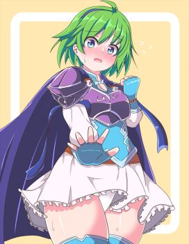 Rule 34 | 1girl, armor, asage (asgsn), belt, blue eyes, blush, boots, breastplate, cape, chest guard, cloak, commentary request, embarrassed, fingerless gloves, fire emblem, fire emblem: the blazing blade, from below, gloves, green hair, hand up, highres, long sleeves, looking at viewer, miniskirt, muneate, nino (fire emblem), nintendo, open mouth, outstretched arm, panties, pantyshot, purple cape, short hair, simple background, skirt, solo, standing, sweat, thick thighs, thighs, underwear, white panties, wide oval eyes, yellow background