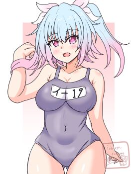 1girl artist_logo blue_hair blush breasts cowboy_shot flower-shaped_pupils gluteal_fold hair_ribbon highres i-19_(kancolle) ichijou_tsubame kantai_collection large_breasts logo long_hair looking_at_viewer name_tag one-piece_swimsuit open_mouth red_eyes ribbon school_swimsuit smile solo swimsuit symbol-shaped_pupils twintails