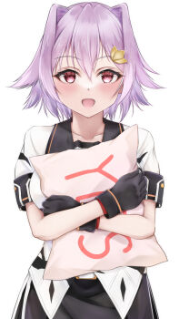 1girl black_gloves breasts gloves hair_ornament highres holding holding_pillow hugging_object kantai_collection koru_pera looking_at_viewer medium_breasts open_mouth pillow pillow_hug purple_hair red_eyes short_hair short_sleeves solo tama_(kancolle) tama_kai_ni_(kancolle) yes yes-no_pillow
