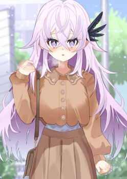 Rule 34 | 1girl, absurdres, bag, blush, bright pupils, brown skirt, cold, commentary request, contemporary, fate/grand order, fate (series), feather hair ornament, feathers, grey hair, hair ornament, handbag, highres, long hair, saika magoichi (fate), skirt, snow, visible air, white pupils, yuritoame