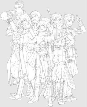 6+boys agate_crosner armor armpits belt belt_boots boots cross_scar dual_wielding earrings eiyuu_densetsu facial_scar falcom fingerless_gloves full_body gloves greyscale gun hand_on_own_hip headband holding holding_behind_back holding_gun holding_sword holding_sword_behind_back holding_weapon holding_weapon_behind_back jewelry joshua_bright kevin_graham lace-up_boots lineart male_focus monochrome mueller_vander multiple_boys nishihara_isao olivert_reise_arnor over_shoulder pauldrons scar scar_on_cheek scar_on_face scarf short_hair shoulder_armor single_pauldron smile sora_no_kiseki spiked_hair sword thigh_strap weapon weapon_on_back weapon_over_shoulder zin_vathek